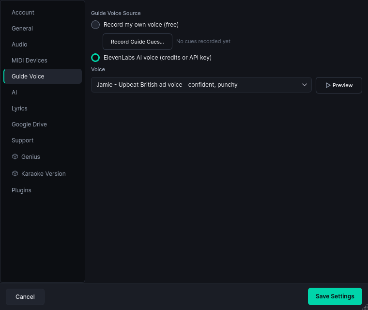 TraxxTool guide-voice settings: record your own cues for free, or pick a curated AI voice and hear a preview before you commit