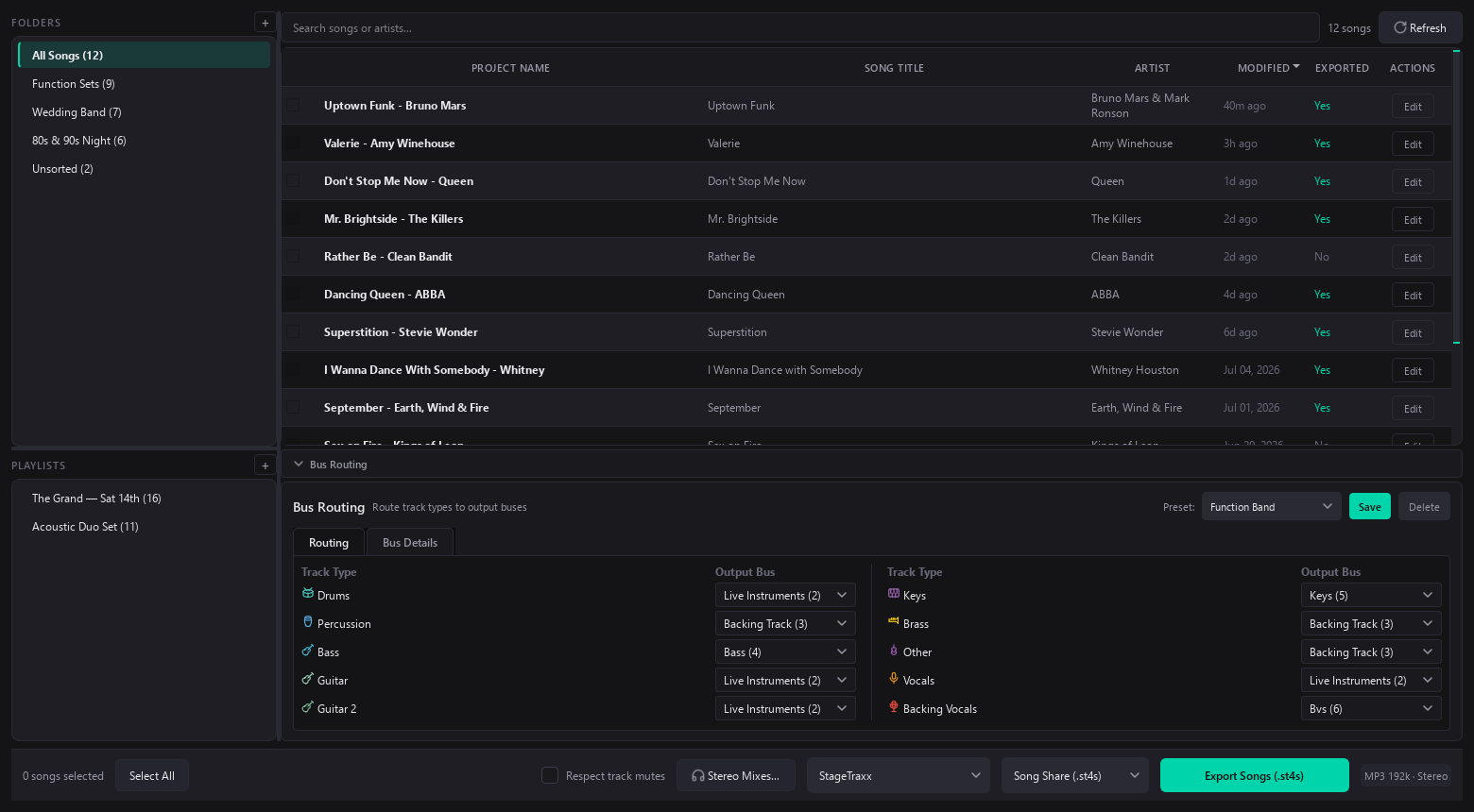 TraxxTool library, where Import from Backup pulls songs out of an existing Stage Traxx backup as full projects