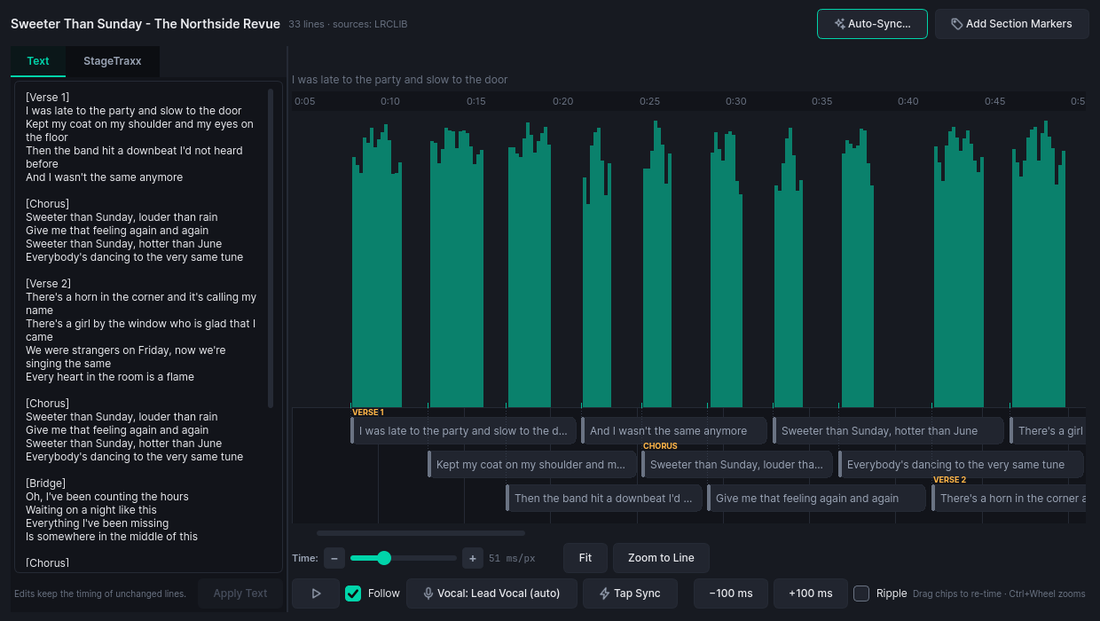 TraxxTool Lyrics Studio: lyric lines as draggable chips over a vocal-activity ribbon, with section markers and a Stage Traxx preview
