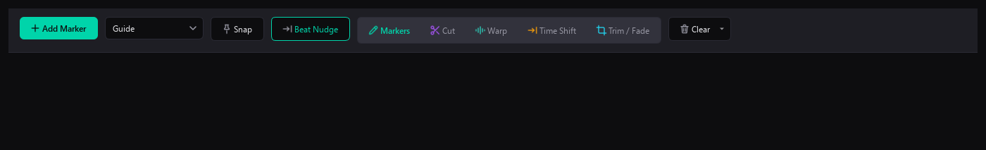 Editing toolbar: marker types, snap, beat nudge, and dedicated modes for markers, cut, warp, time shift and trim/fade
