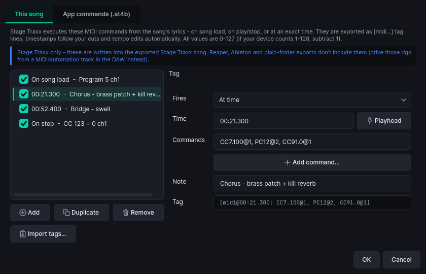 MIDI command editor: a program change on load, several commands fired together at the chorus, and a command on stop