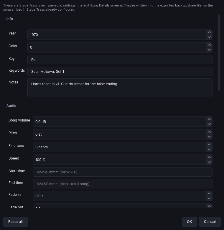 Song details editor: year, key, keywords, MIDI trigger, notes and per-track overrides, written into the Stage Traxx export