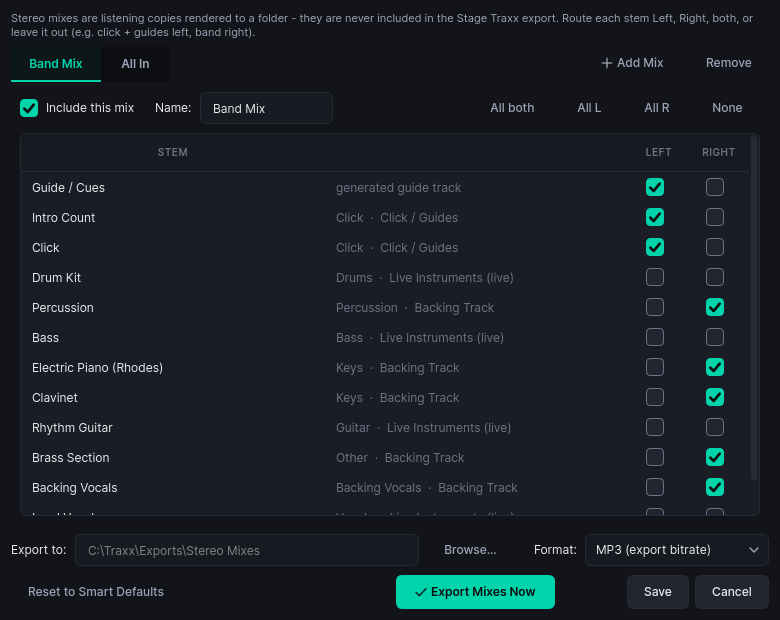 Stereo mix export: named band and click mixes with per-stem left/right channel assignment