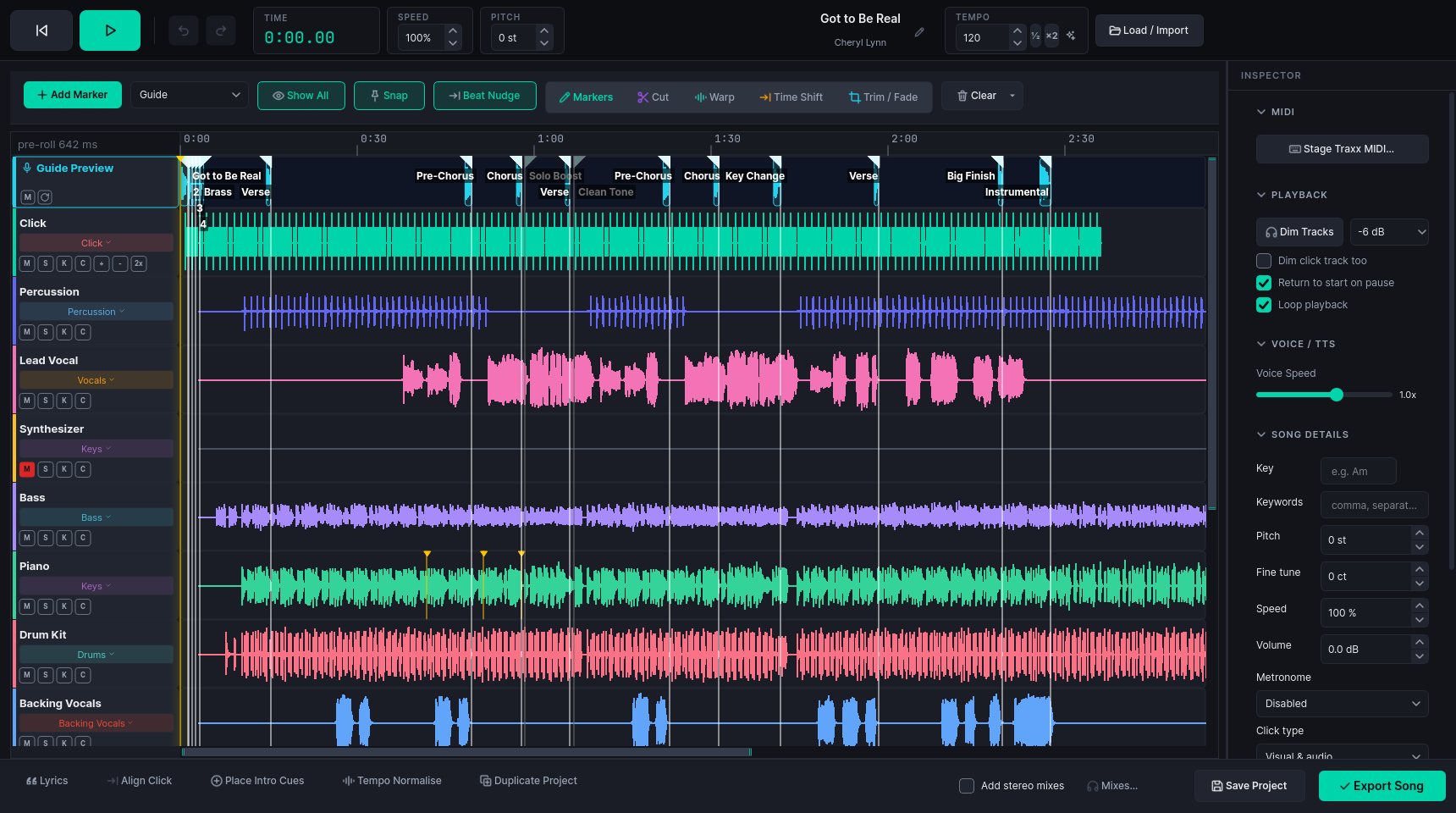 TraxxTool workbench: thirteen colour-coded stems on a timeline with spoken guide cues, section markers, MIDI cues, a muted track and a warped bar, plus a full editing toolbar